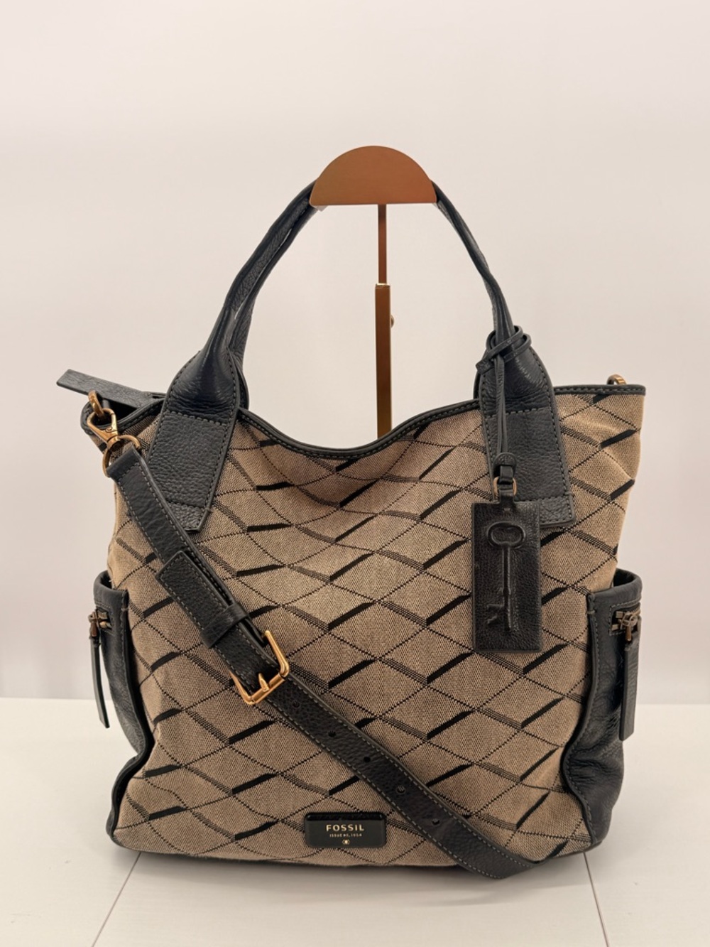 FOSSIL Canvas Leather Tote Crossbody Bag Taupe Black Pattern Satchel